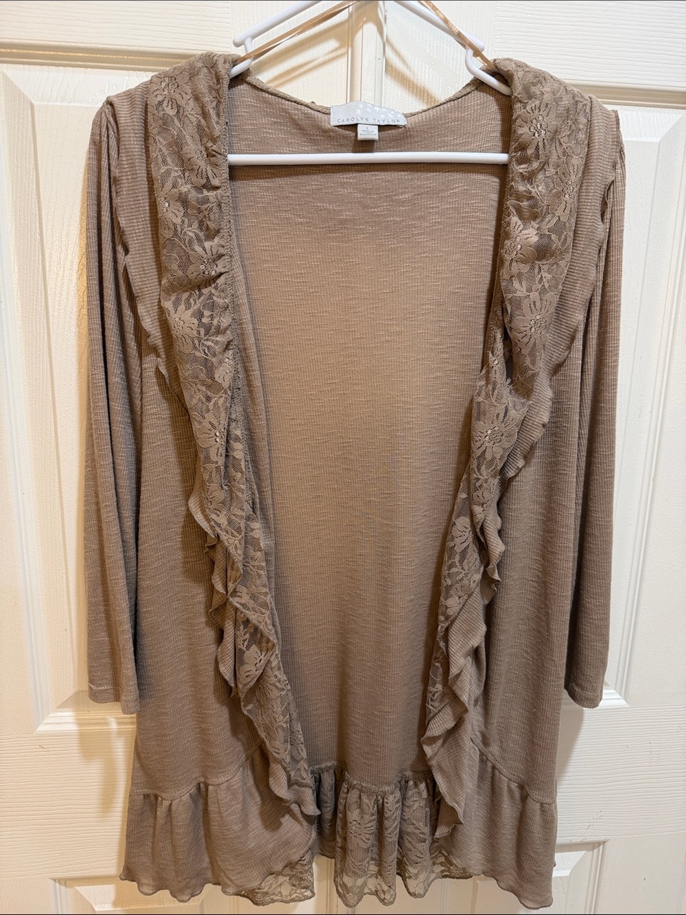 Carolyn Taylor Beige Ruffle Cardigan Open Front Lightweight Knit Top